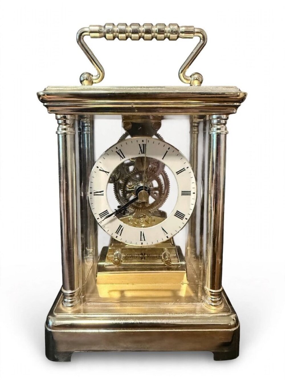 Howard Miller Carriage Clock Vintage Skeleton Brass & Glass Mantel Clock